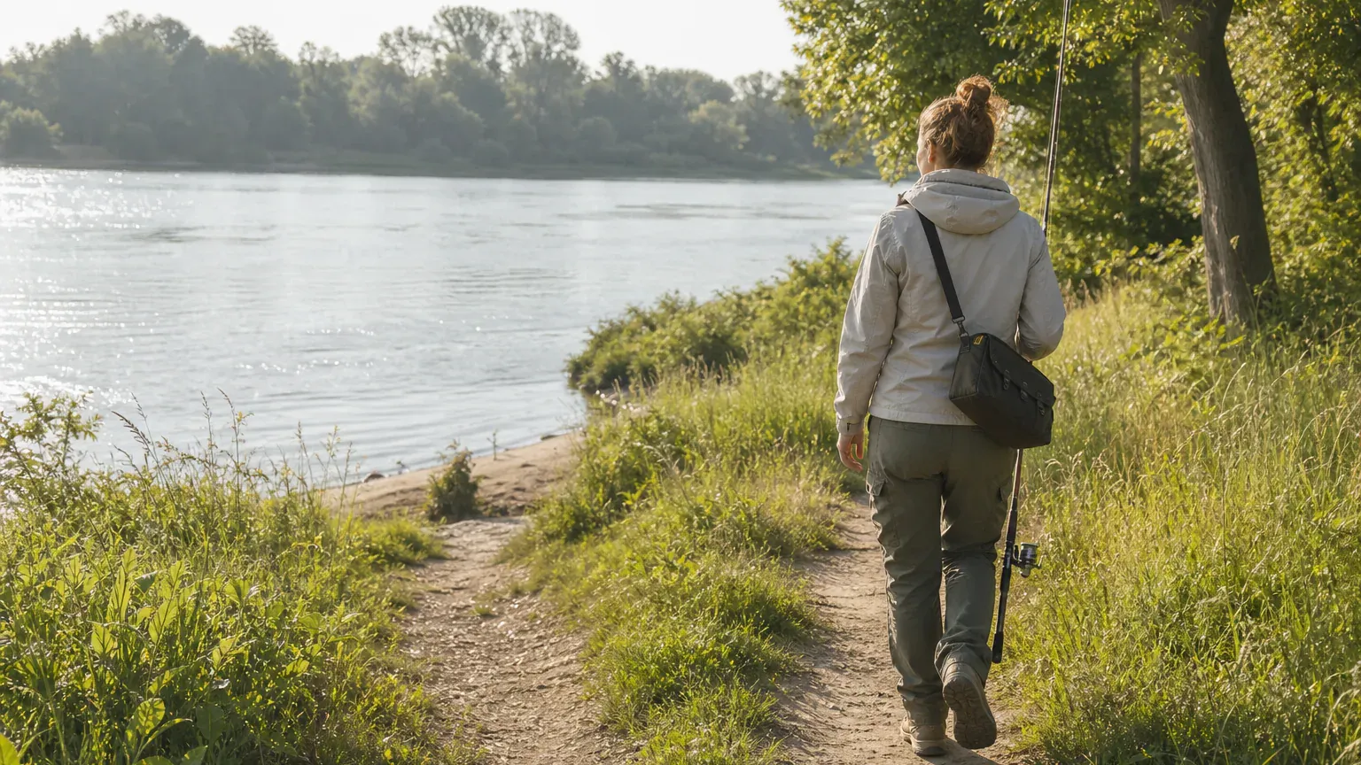 Anglerin trägt eine Spinnrute und eine kompakte Tasche zum Fluss