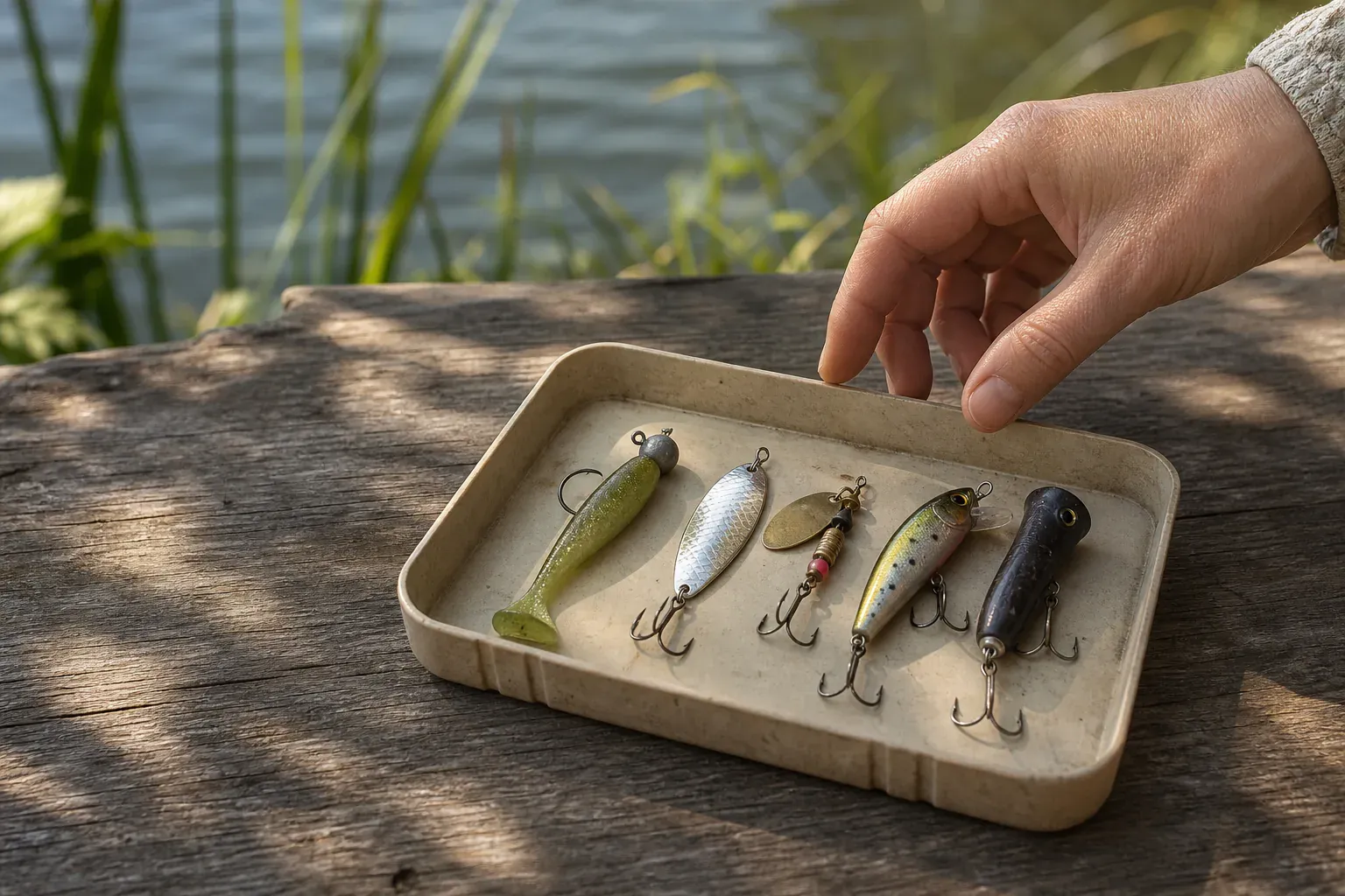 Softbait, Blinker, Spinner, Wobbler und Popper in einer Köderschale