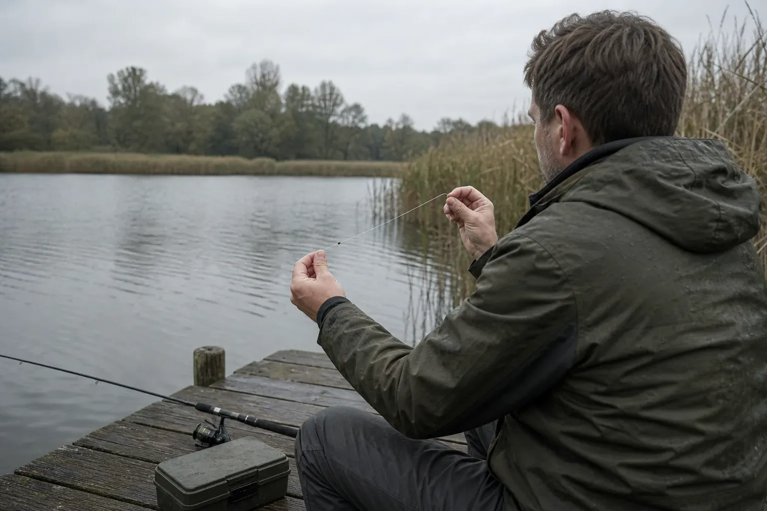 Angler kontrolliert ein frisch gebundenes Vorfach vor dem Auswerfen