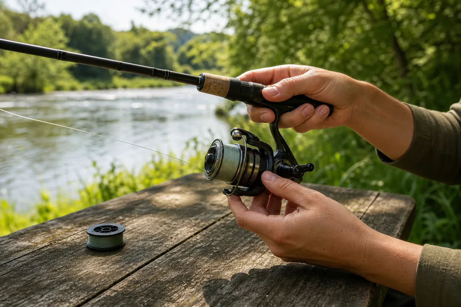 Anglerin stimmt Spinnrute, Rolle und Schnur am Wasser aufeinander ab