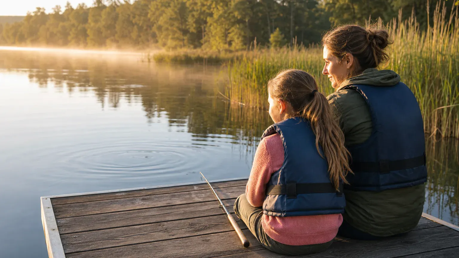 Mutter und Tochter beobachten gemeinsam das Wasser vor dem Angeln