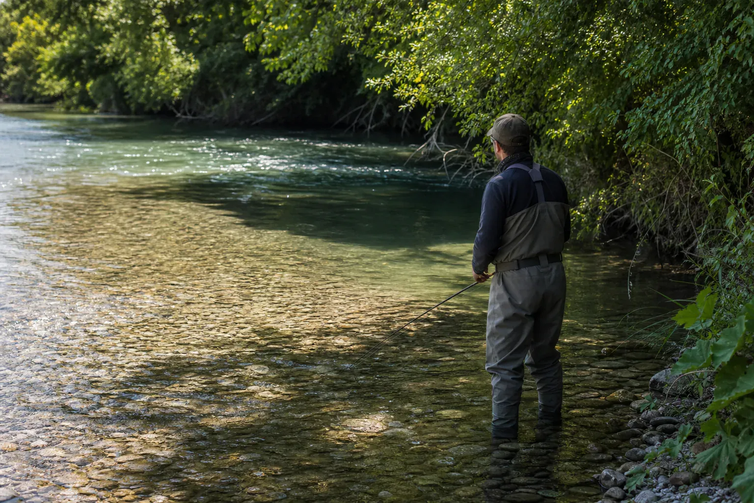 Angler beobachtet Strömung, Schatten und flache Kiesbereiche in einem Fluss